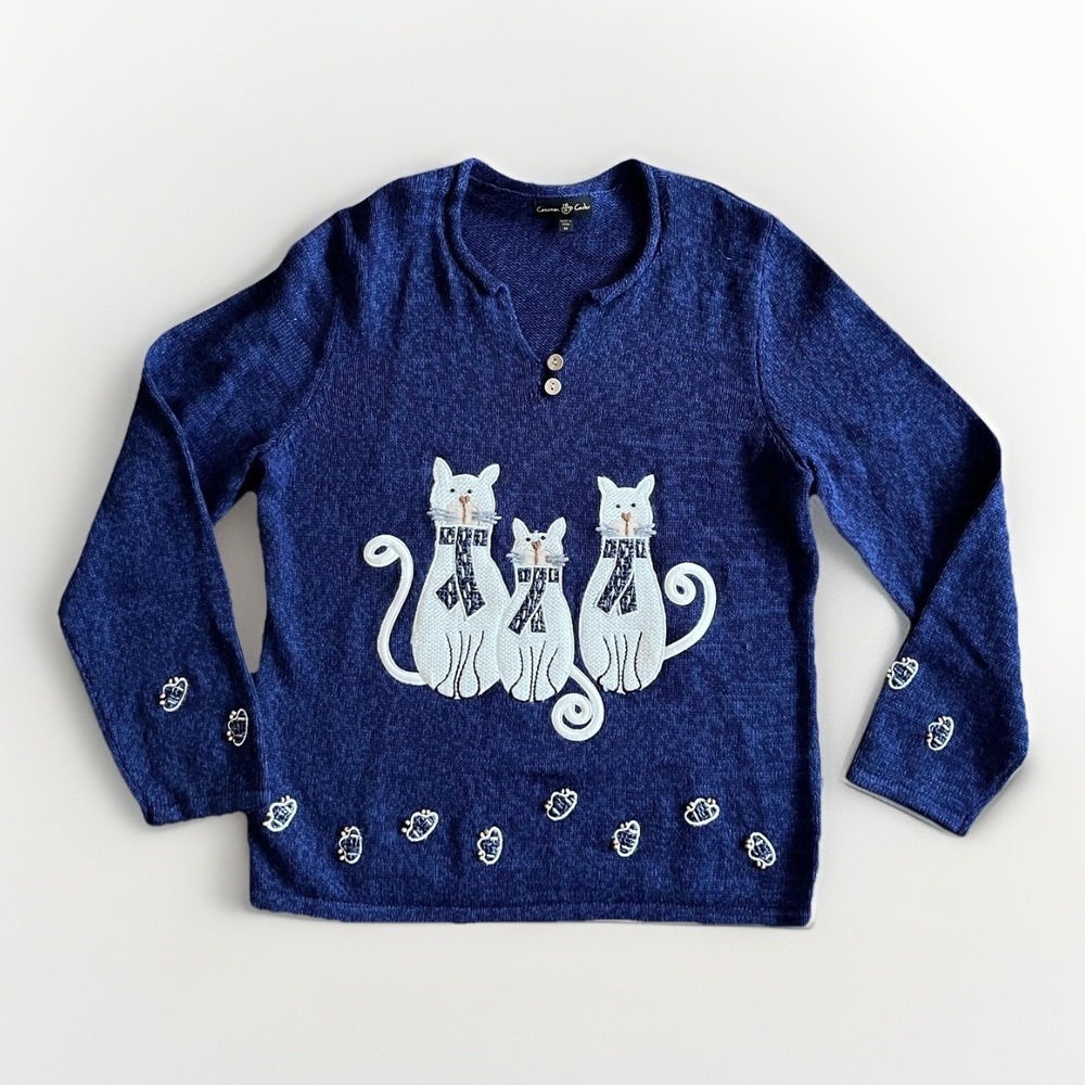 Cinnamon & Cinder Sweater Womens Medium Blue Cat Embroidered Henley Ramie Cotton